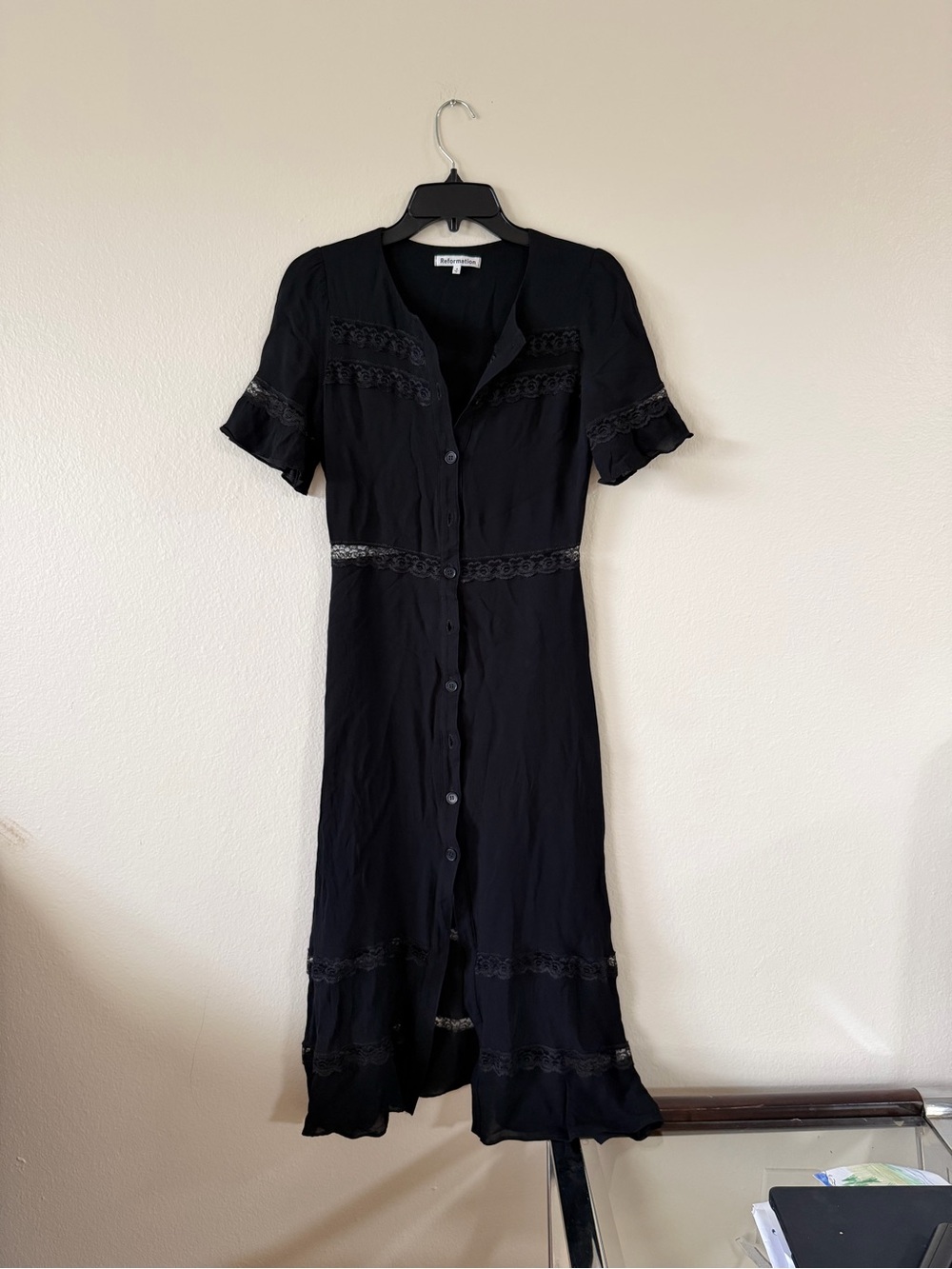 Reformation Black Lace-Trim Button Front Dress - Picture 6 of 9